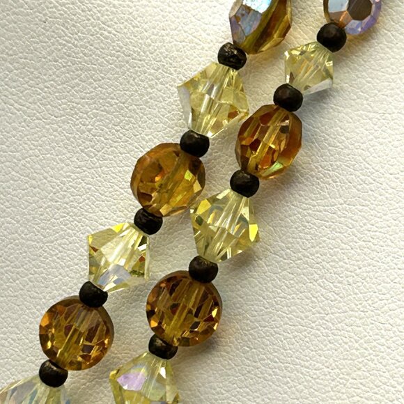 Vintage Two Strand Amber Yellow Aurora Borealis Glass Bead Facet Necklace 1950s - Picture 9 of 12